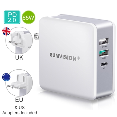 SUMVISION Universal USB Laptop Wall Charger, 65W, Multiport USB Connections with Type-C, USB-A QC3.0 Fast Charge & USB-A, Includes UK, EU & US Plug Adapters, Suitable for USB-C Laptop Charging