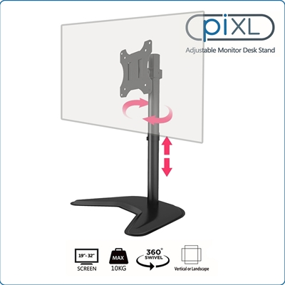 piXL Single Monitor Arm Desk Stand, For Screens up to 32'', Max Weight 10Kg, Freestanding, Height Adjustable, Pivot, Swivel 360