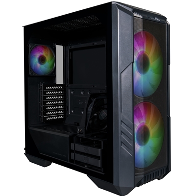 COOLER MASTER HAF 500 Case, Black, Mid Tower, 2 x USB 3.2 Gen 1 Type-A, 1 x USB 3.2 Gen 2 Type-C, Screwless & Tool-Free Tempered Glass Side Window Panel, Mesh Front Panel, Dual 200mm Addressable RGB Fans, Rotatable GPU Fan