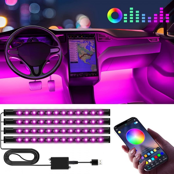 Car LED Interior Light Strips Lighting with USB Port & Bluetooth APP Control