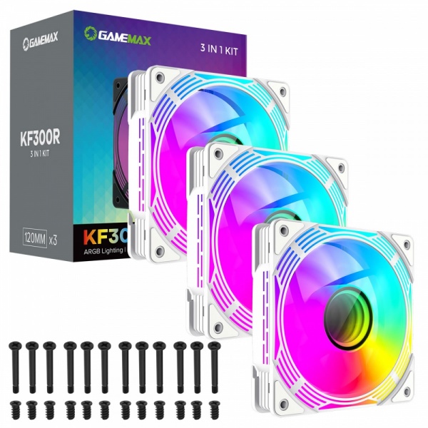 GameMax KF300R 3 Pack 120mm Infinity ARGB 4pin PWM Reversible Fan Blades Cooling Fans - White