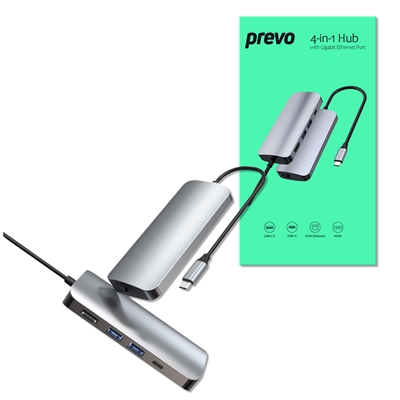Prevo C501R USB Type-C 4-In-1 Hub Docking Station with USB Type-C, USB 3.0 x2, 4K HDMI, RJ45 Gigabit Ethernet, PC, Laptop, Tablets, iPad, MacBook, iMac Compatible, Silver Metal Finish
