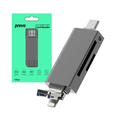 Prevo CR312 USB 2.0, USB Type-C and Lightning Connection, Card Reader, High-speed Memory Card Adapter Supports SD/Micro SD/TF/SDHC/SDXC/MMC, Compatible with Windows, Mac OS and Android, Black
