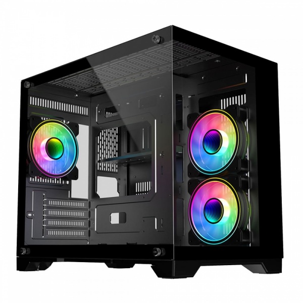 CiT Concept Black MATX Gaming Cube PC Case with Tempered Glass Panels 3 LED Fans