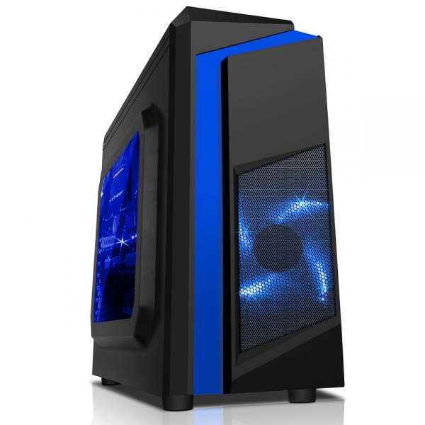 CiT F3 Black Micro-ATX Case With 12cm Blue LED Fan & Blue Stripe