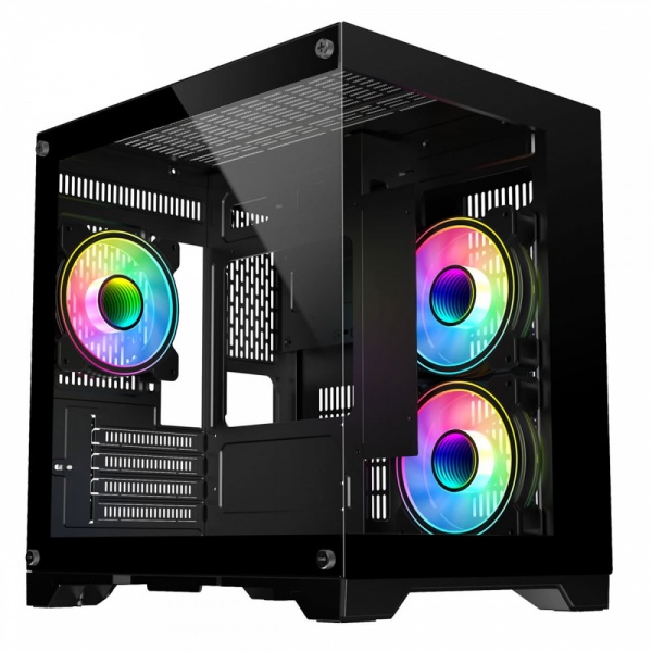 CiT Overseer Black MATX Gaming Cube PC Case with Tempered Glass Panels 3x LED Fans