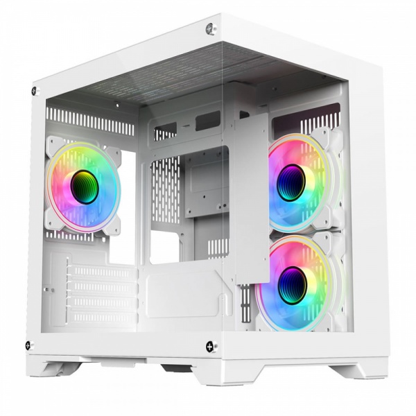 CiT Overseer White MATX Gaming Cube PC Case with Tempered Glass Panels 3x LED Fans