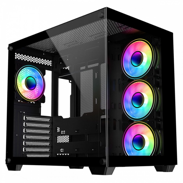 CIT Vision Black Mid ATX Gaming Cube with Tempered Glass Front and Side Panels with 4 x CiT Celsius Dual-Ring Infinity Fans