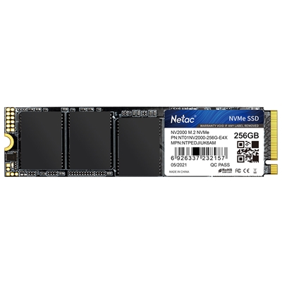 NETAC NV2000 (NT01NV2000-256-E4X) 256GB NVMe M.2 Interface, PCIe x3, 2280 Length, Read 2500MB/s, Write 1000MB/s, 5 Year Warranty