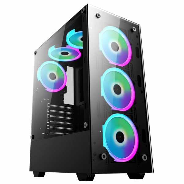 Jedel Trooper Gaming PC Computer Case RGB LED Mid Tower ATX Tempered Glass 6x Halo Ring Fans