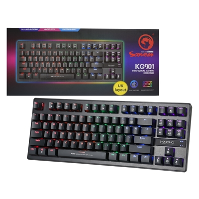 Marvo Scorpion KG901 Gaming Keyboard, Mechanical with Blue Switches, USB 2.0, Full Anti-ghosting with N Key Rollover, Slim Compact Frame with TKL layout, Backlight 6 Colour Rainbow, Black