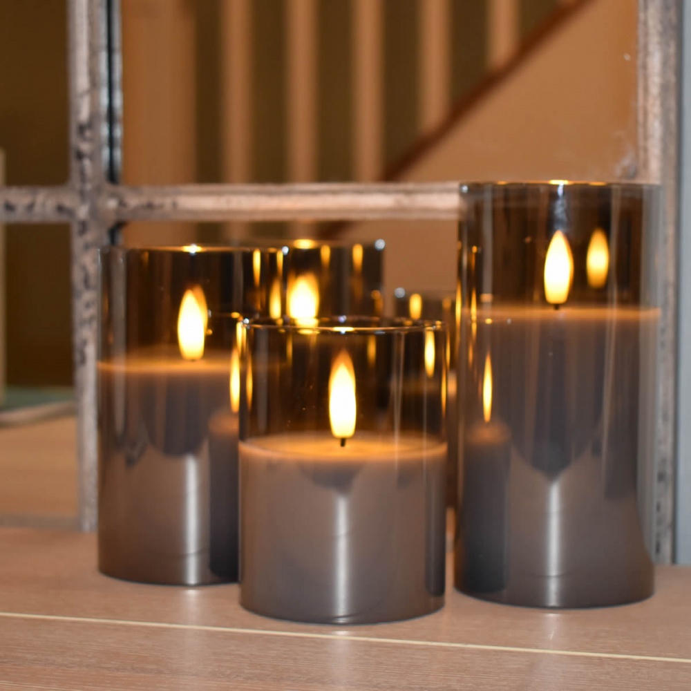3pcs Pack Flameless LED Candles Real Wax Flickering Light in Glass with Remote Control - Grey