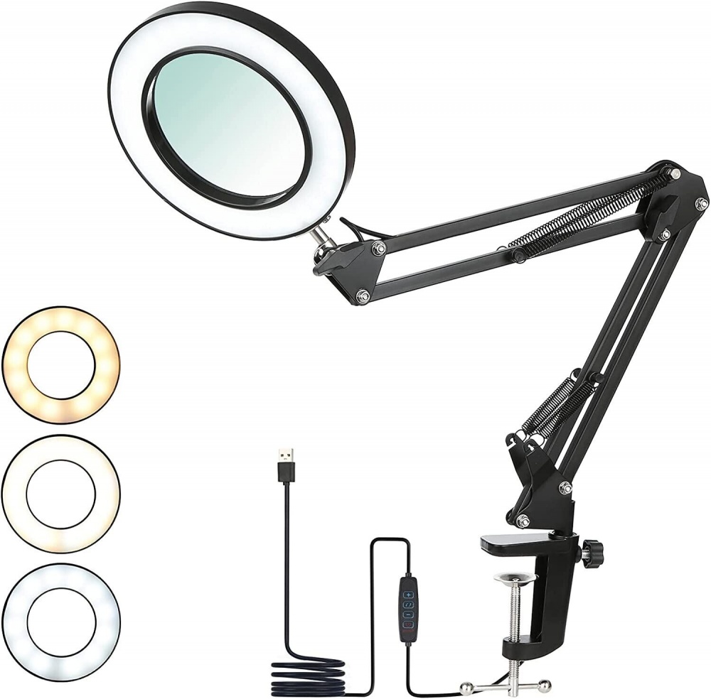 8x Magnifying Glass With LED Ring Light And Desktop Arm Clamp