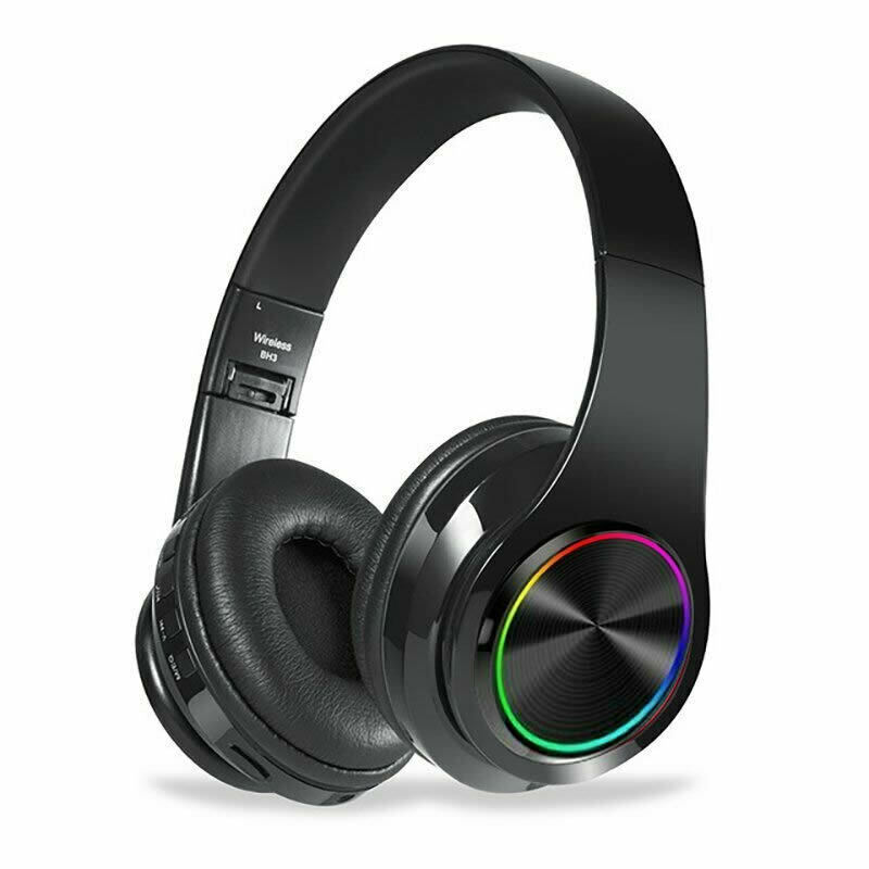 Bluetooth Headphones Headset Portable Wireless Over Ear With RGB LED - Black