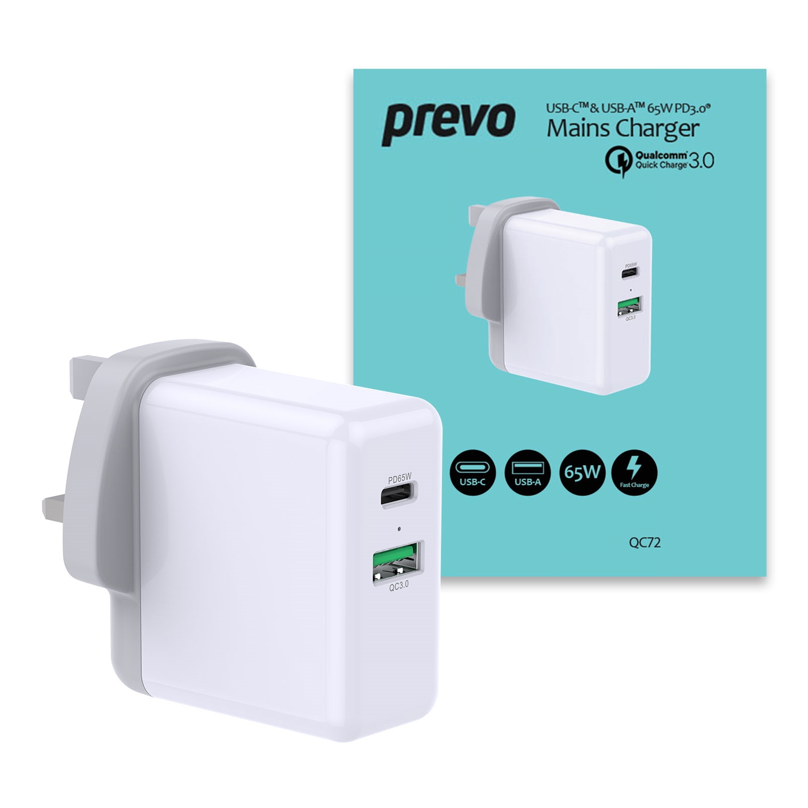 Prevo QC72 USB Type-C & USB Type-A Fast Charge Mains Charger with Qualcomm Quick Charge 3.0 for Laptops, Ultrabooks, Chromebooks, iPads, MacBooks, Smartphones, Tablets, Mobile Devices, Action Cameras, DSLRs