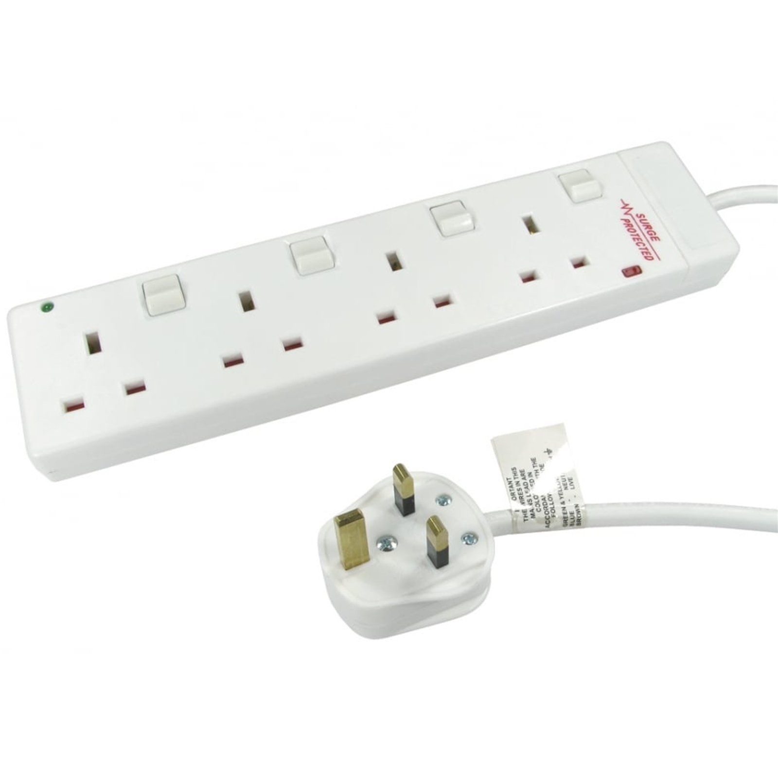 TARGET RB-02-4GANGSWD UK Power Extension, 2m, 4 UK Ports, Individually Switched, White, 13 Amp Fuse, Surge Protection, Status LED