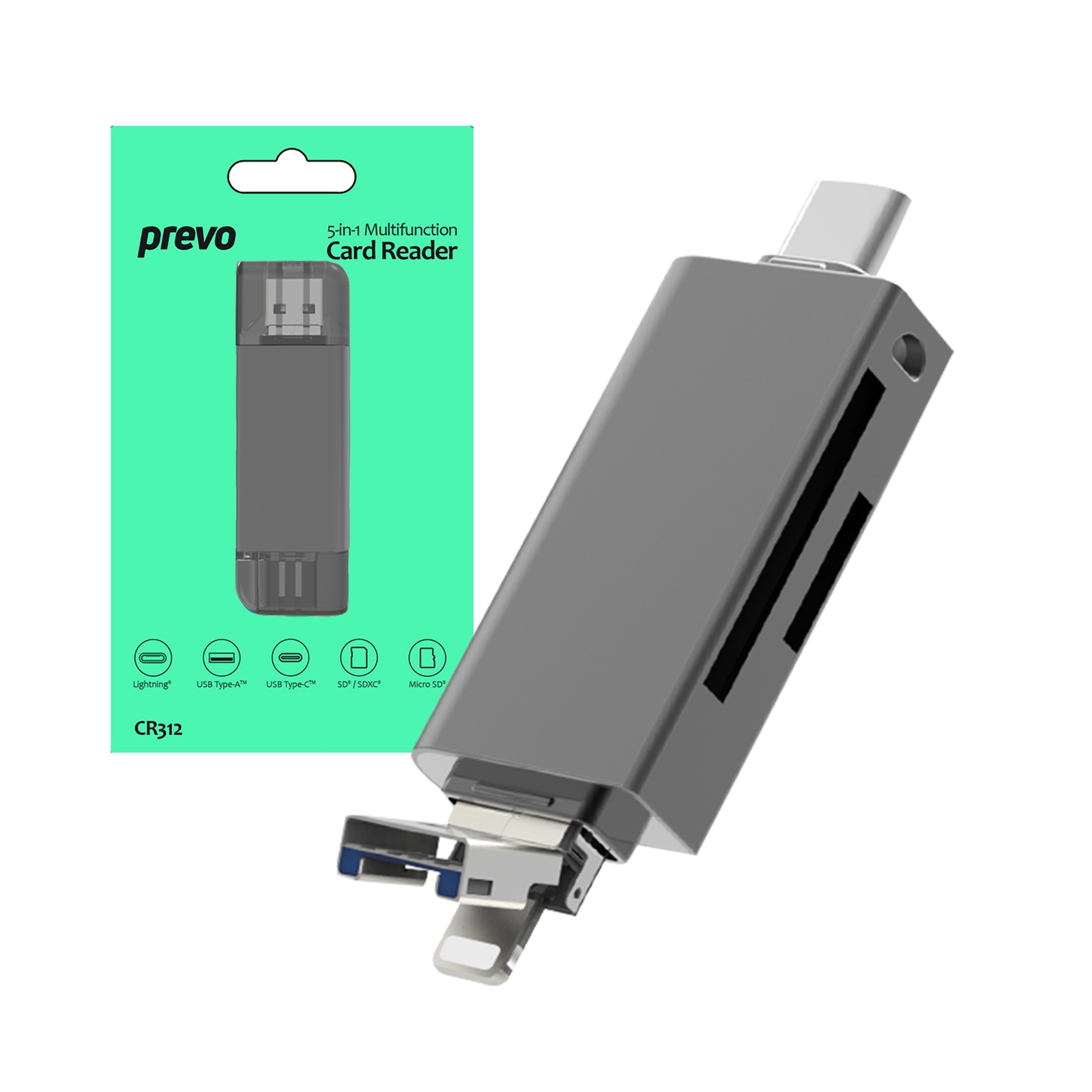 Prevo CR312 USB , USB Type-C and Lightning Connection, Card Reader,  High-speed Memory Card Adapter Supports SD/Micro SD/TF/SDHC/SDXC/MMC,  Compatible with Windows, Mac OS and Android, Black - DigiDirect -
