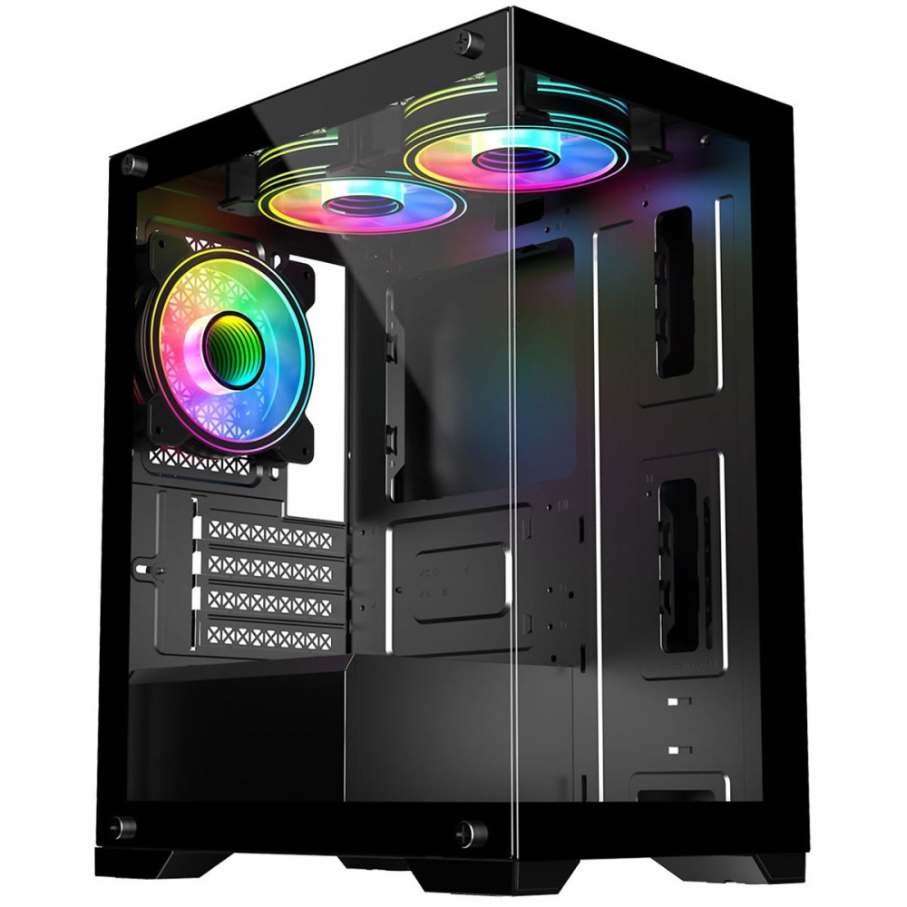 CiT Range Black MATX Gaming Tower PC Case with Tempered Glass Panels 3x LED Fans