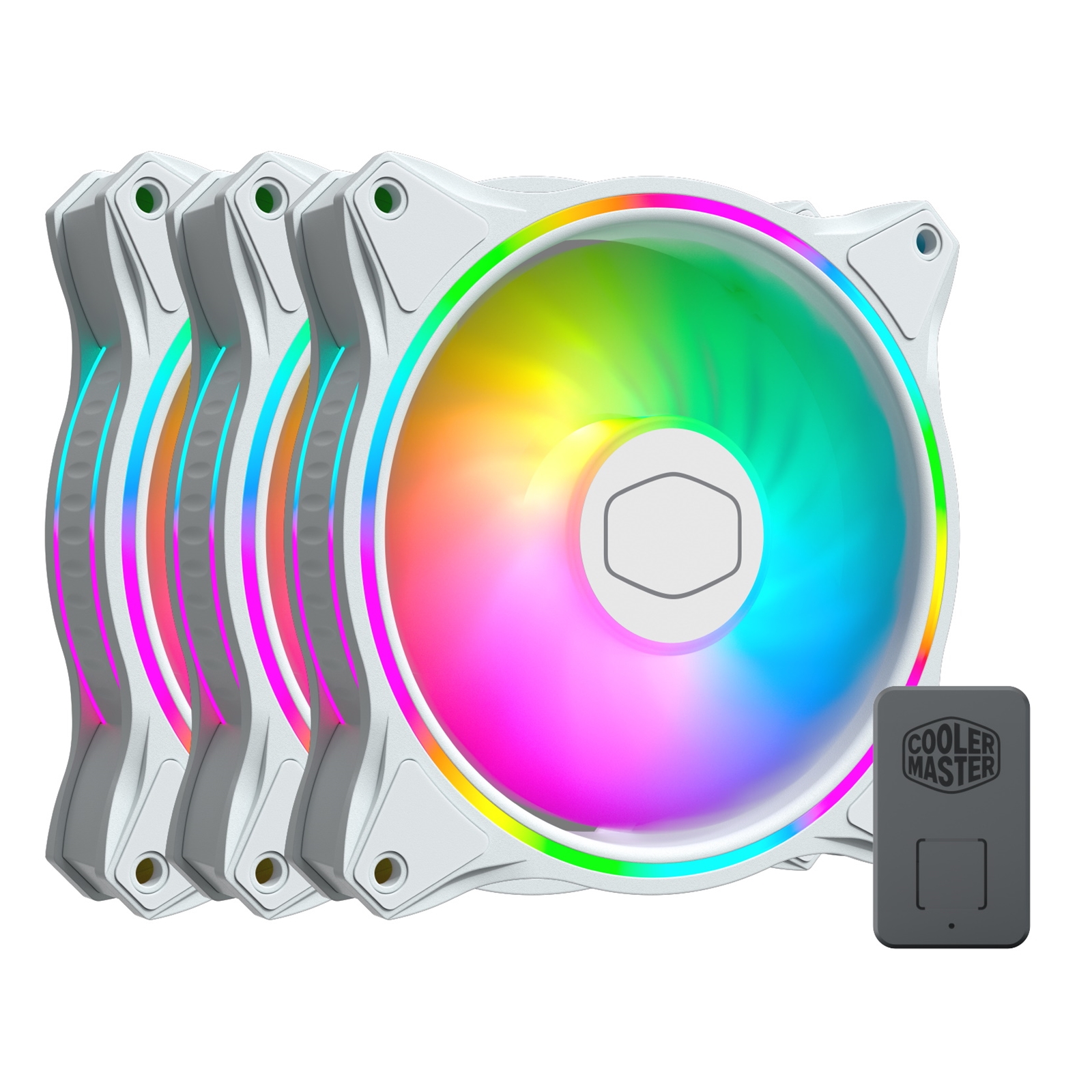 COOLER MASTER MasterFan MF120 Halo 3-in-1 White Edition Fan Pack, 120mm, 1800RPM, 4-Pin PWM Fan & 3-Pin ARGB Connectors, Dual Loop Addressable Gen 2 RGB Lighting, Addressable Gen 2 RGB Controller Included