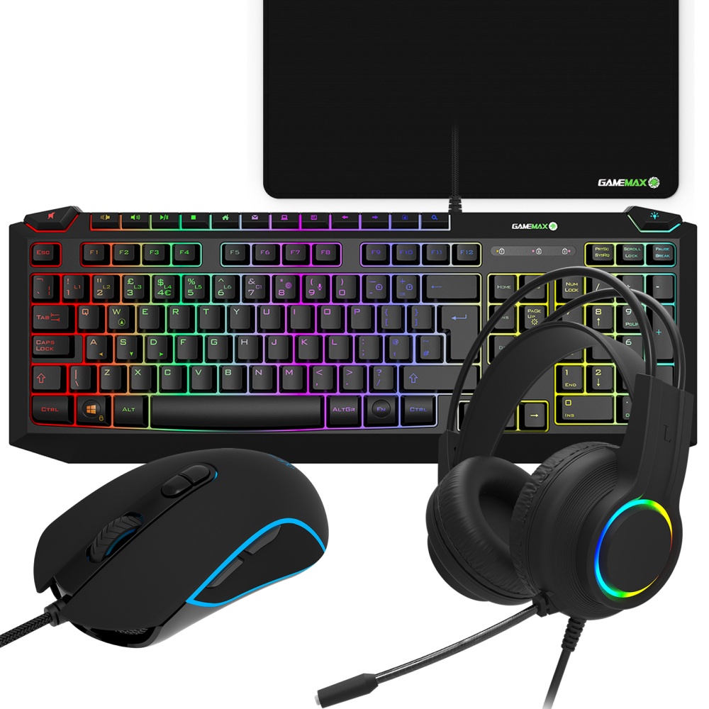GameMax Pulse 4-in-1 LED Gaming Keyboard Mouse Headset Mouse Pad Combo ...