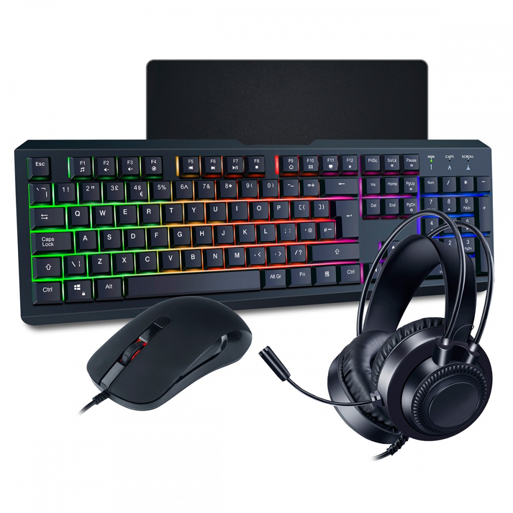 CIT Rainbow LED Gaming Keyboard Mouse Headset And Pad Combo Set Backlit USB Wired UK