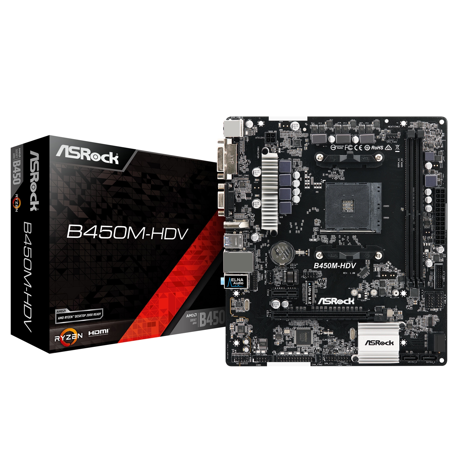 ASRock B450M-HDV Motherboard, AMD Socket AM4, Micro ATX, DDR4, USB 3.1, 1 PCIe 3.0 x16, 1 PCIe 2.0 x1, VGA/DVI-D/HDMI, Realtek Gigabit LAN