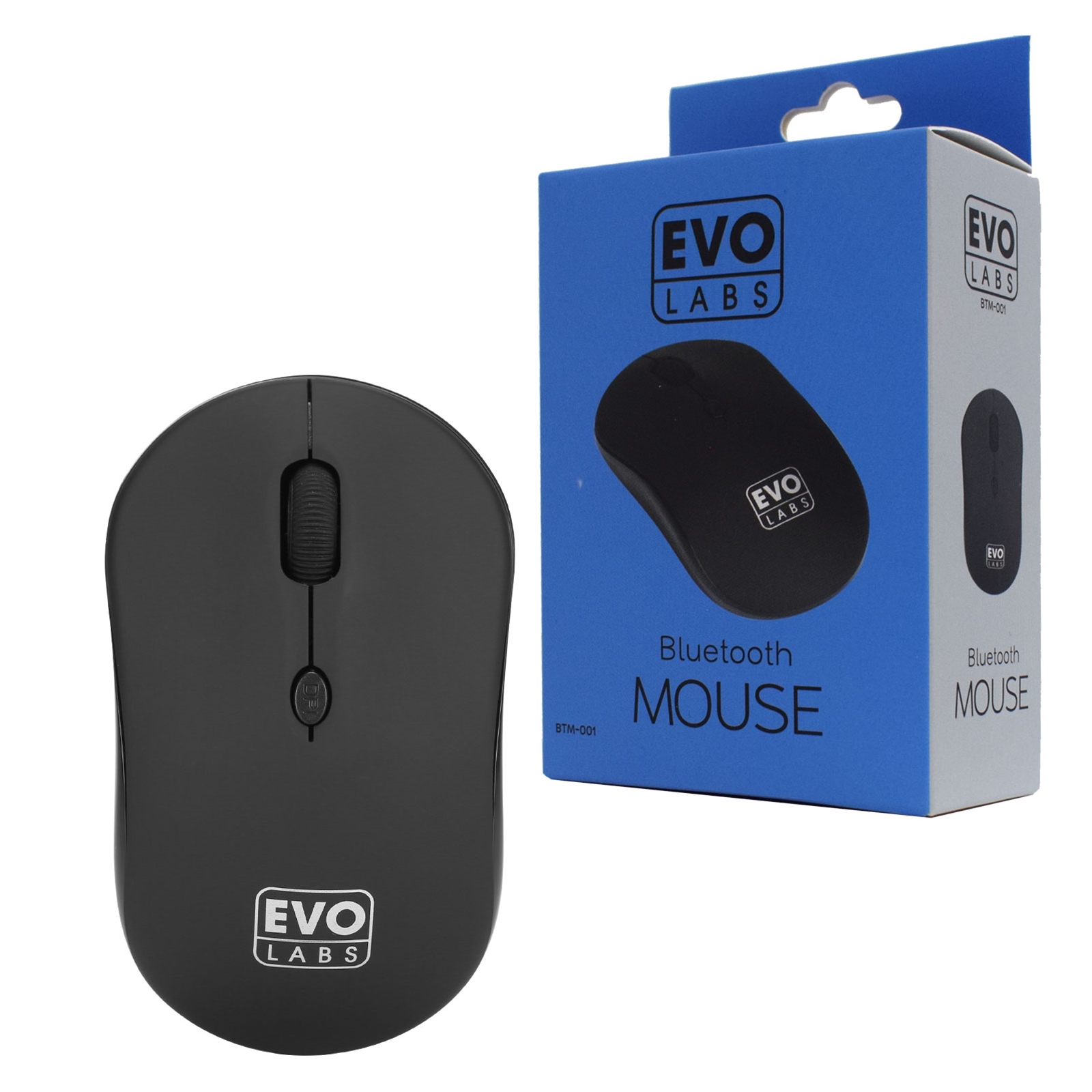 Evo Labs BTM-001 Bluetooth Mouse, 800 DPI Optical Tracking, Full Size, 3 Button with Scroll Wheel, Ambidextrous Design, Matte Black