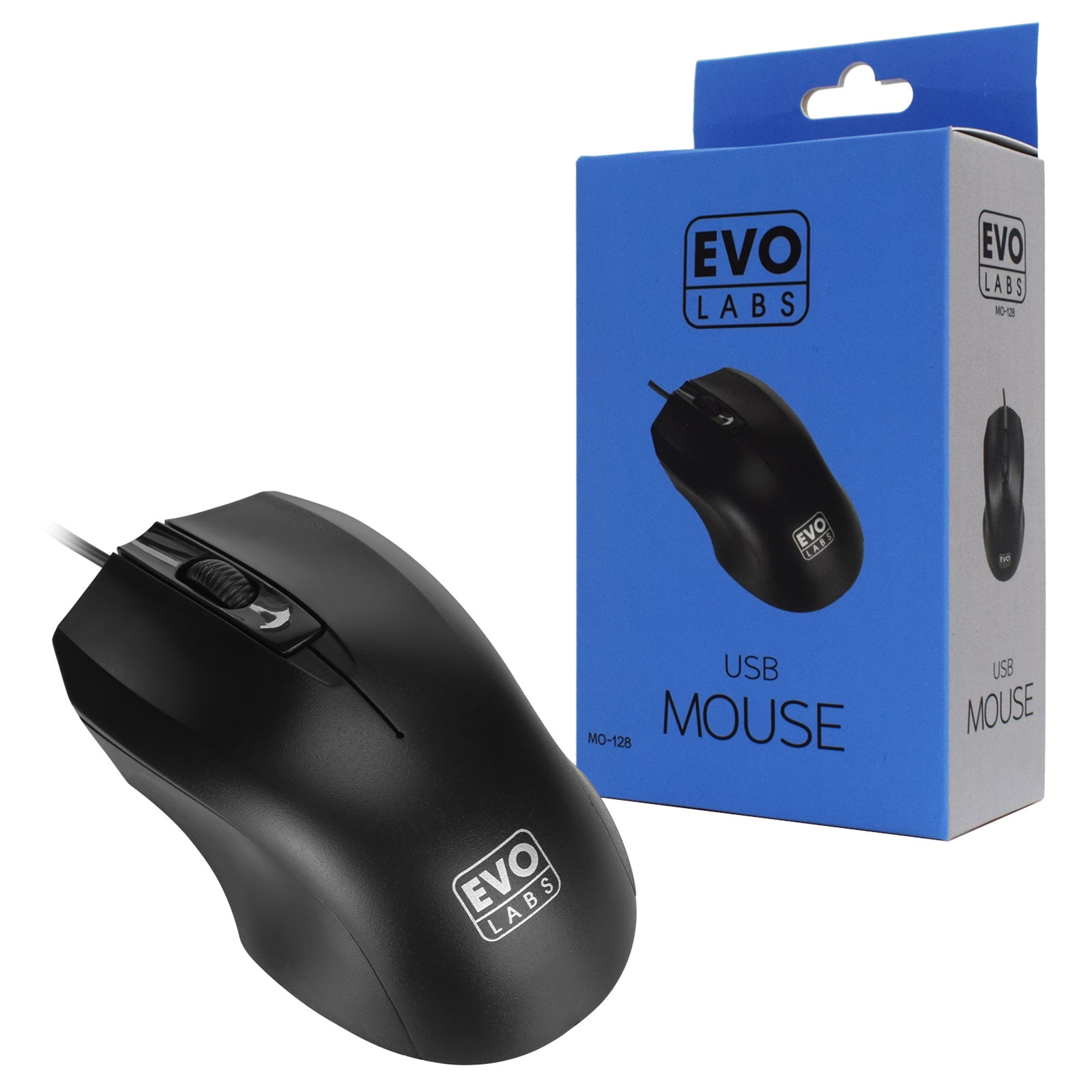 Evo Labs MO-128 Wired USB Plug and Play Mouse, 800 DPI Optical Tracking, 3 Button with Scroll Wheel,  Ambidextrous Design, Matte Black