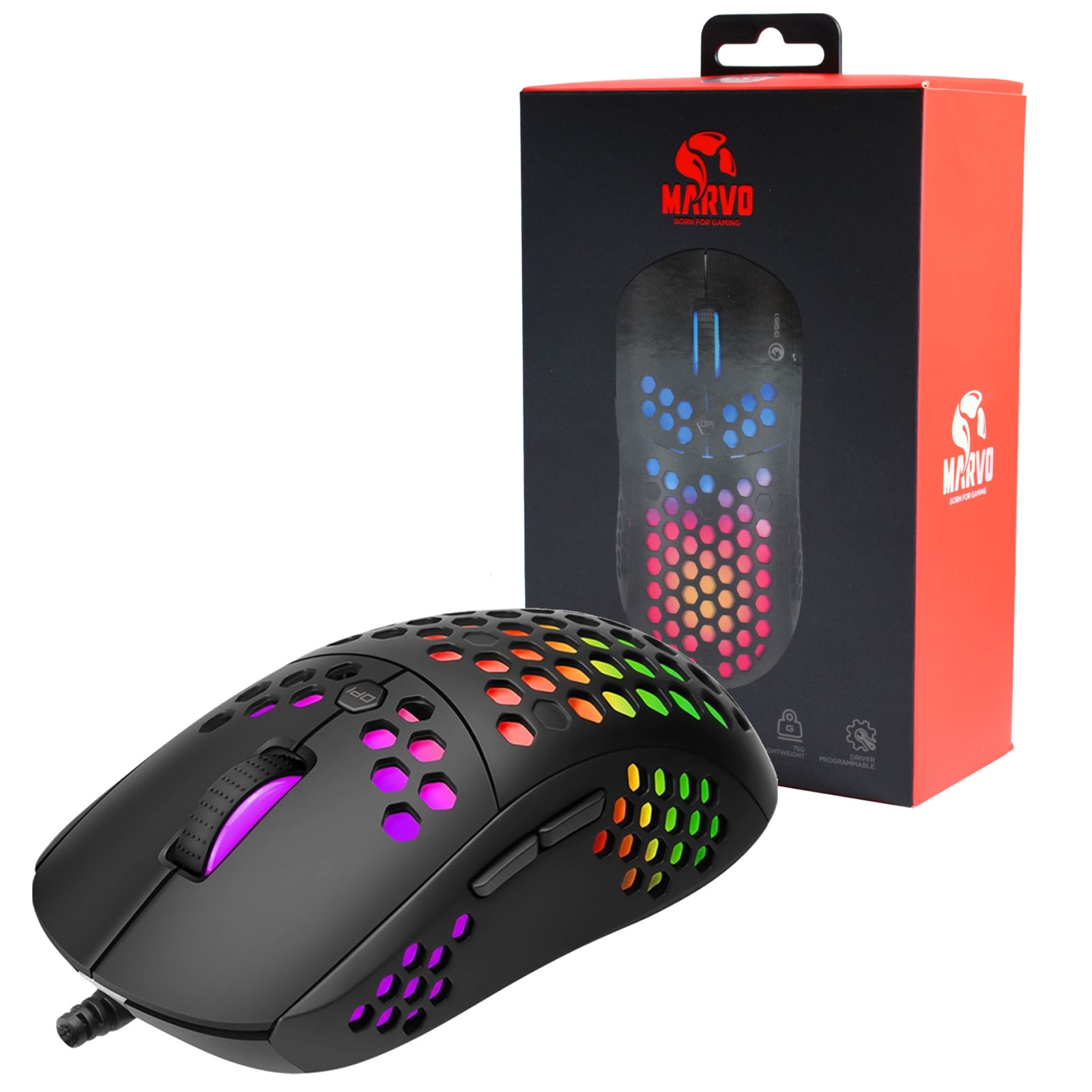 Marvo Scorpion G961 RGB Gaming Mouse, USB, Unique Honeycomb Design Weighing in at Just 75g, Adjustable up to 12000 DPI, Pixart 3327 Gaming Grade Optical Sensor with 6 Programmable Buttons