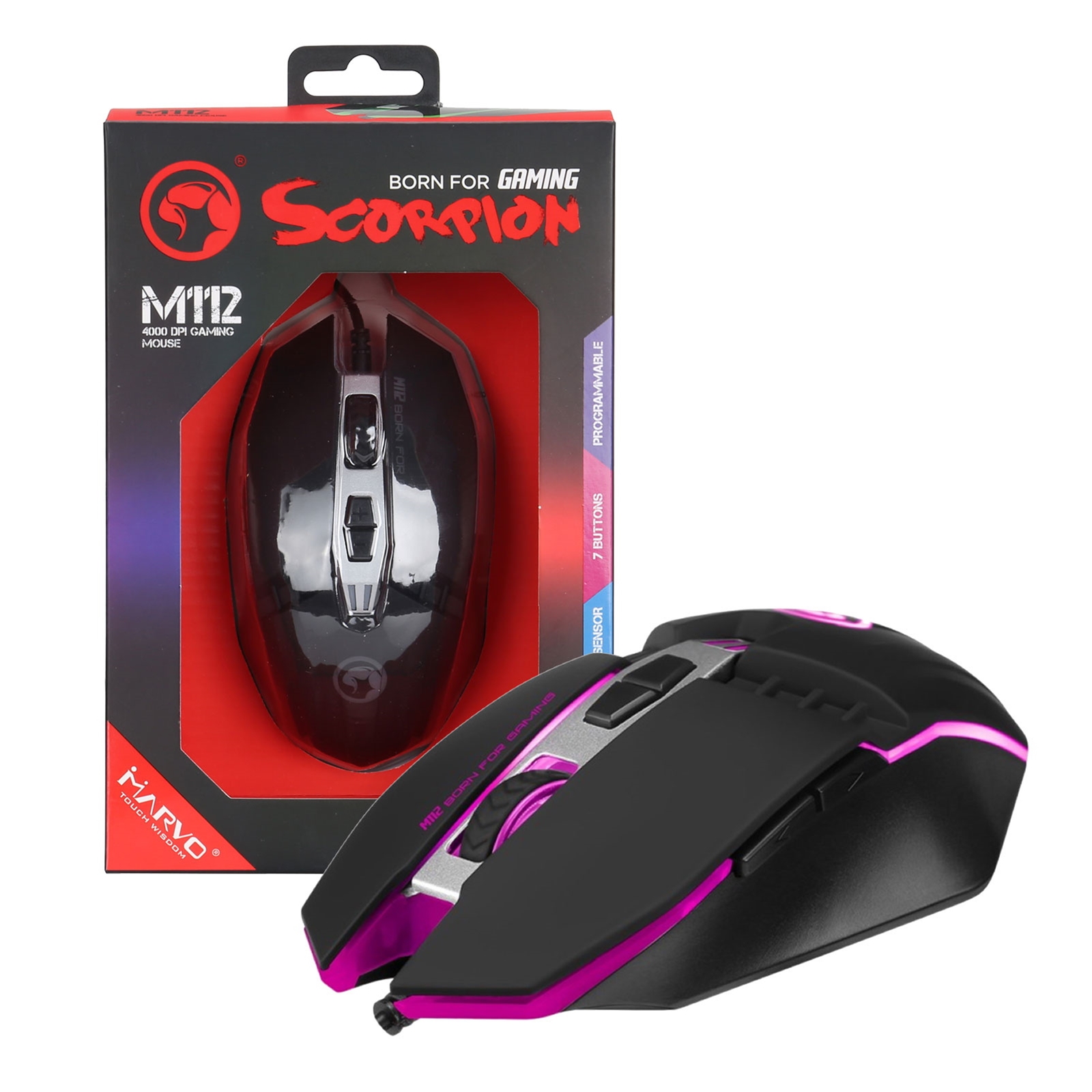Marvo Scorpion M112 Gaming Mouse, USB 2.0, 7 Recurring LED Colours, Adjustable up to 4000 DPI, Gaming Grade Optical Sensor with 7 Programmable Buttons