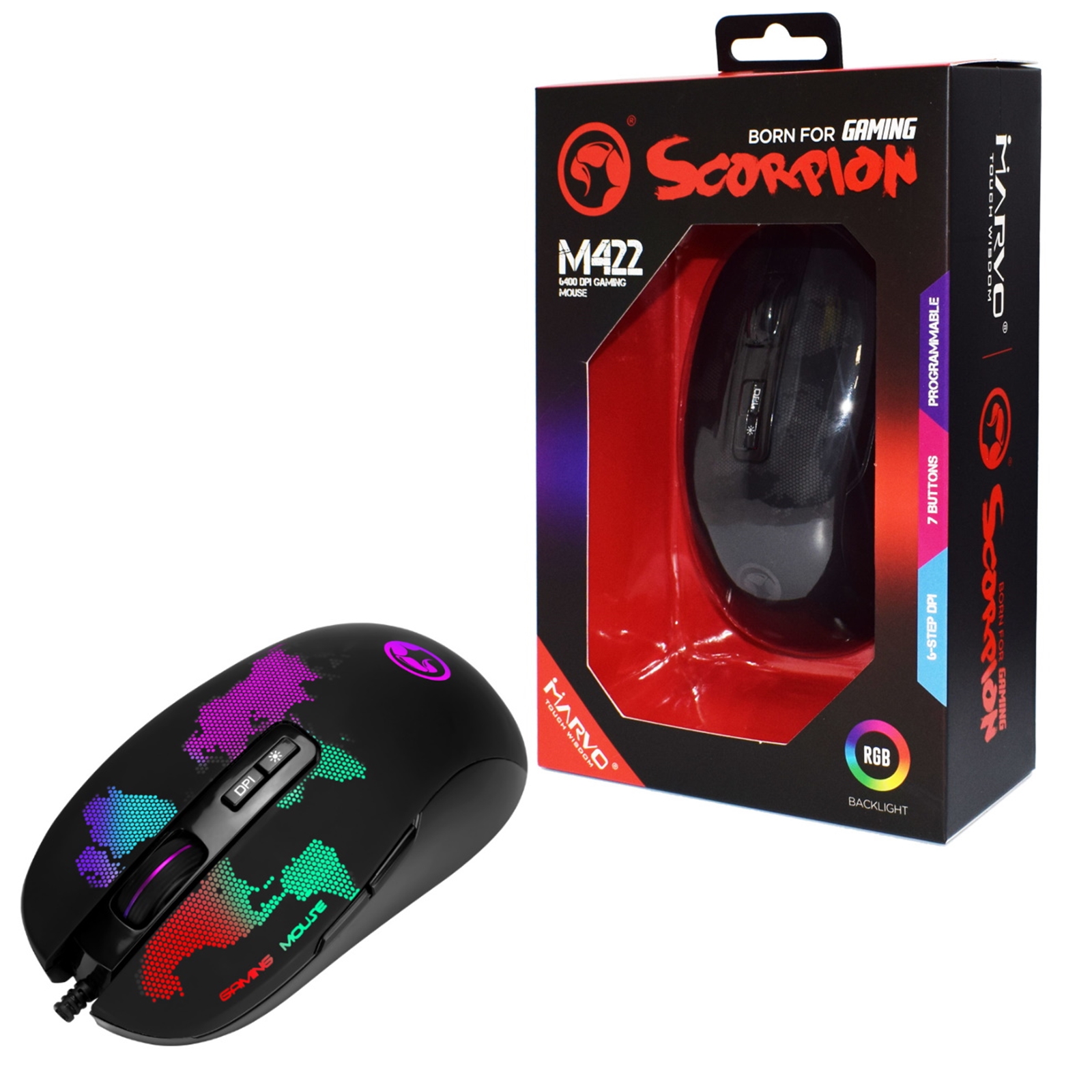 Marvo Scorpion M422 RGB Gaming Mouse, USB 2.0, Low-profile design with multiple lighting schemes, 6 Adjustable DPI levels up to 6400 DPI, Gaming Grade Optical Sensor with 7 Programmable Buttons