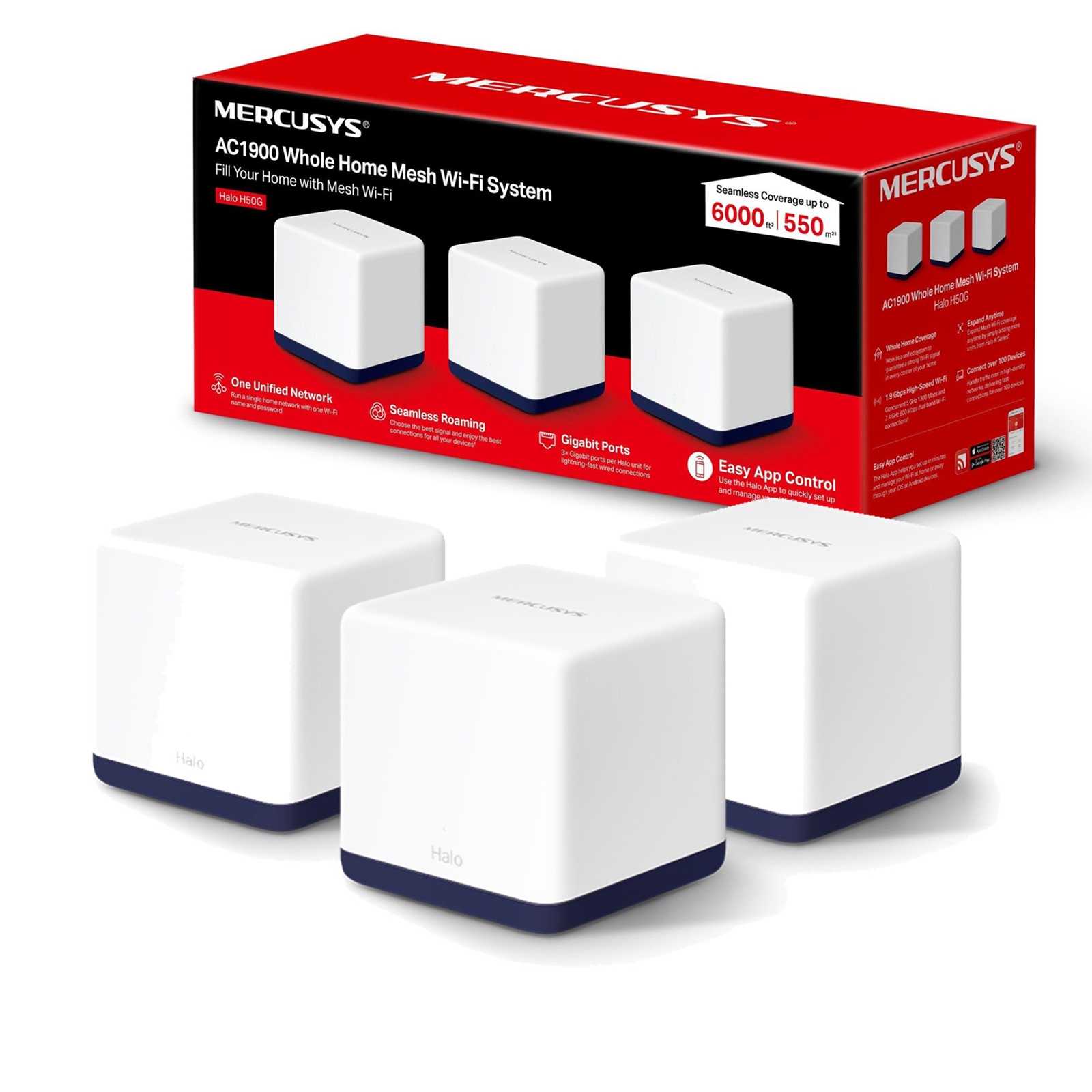 Mercusys Halo H50G (3-pack) AC1900 Whole Home Mesh Wi-Fi System, 600 Mbps at 2.4 GHz + 1300 Mbps at 5 GHz, 3x Internal Antennas, 3x Gigabit Ports per Unit, Halo App, One Unified Network, Seamless Roaming