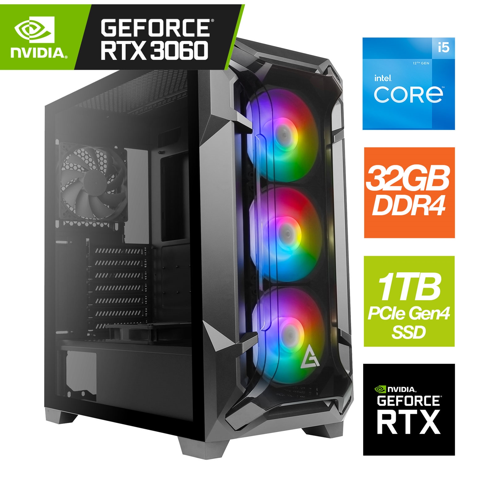 Antec RGB Gaming Case with Intel's latest 12th Gen i5 12600K Overclockable Processor with 10 Cores and 20 Threads 3.70GHz (4.90GHz Boost), 32GB of fast memory,  1TB Gen4 NVMe, with an RTX3060 Graphics card - Prebuilt System
