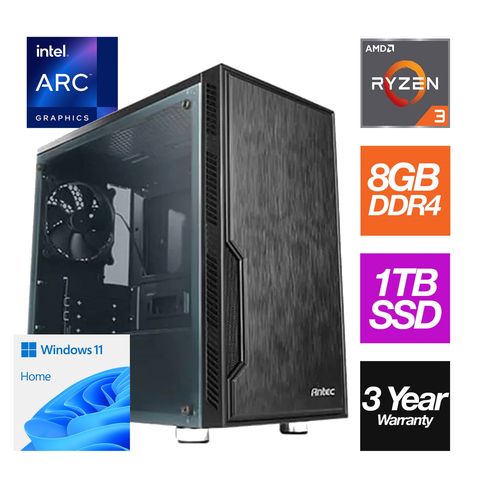 AMD Ryzen 3 4100 4 Core Processor, 8 Threads, 3.8Ghz (4.0GHz Boost) CPU, 8GB DDR4 RAM, 1TB SSD, Intel Arc A380 6GB Graphics, Windows 11 Home, Antec VSK Chassis with Window Side - Pre-Built PC