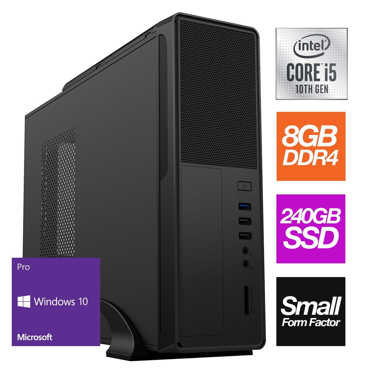 Small Form Factor - Intel i5 10400 6 Core 12 Threads 2.90GHz (4.30GHz Boost), 8GB RAM, 240GB SSD, No Optical, with Windows 10 Pro - Small Foot Print for Home or Office Use - Pre-Built PC