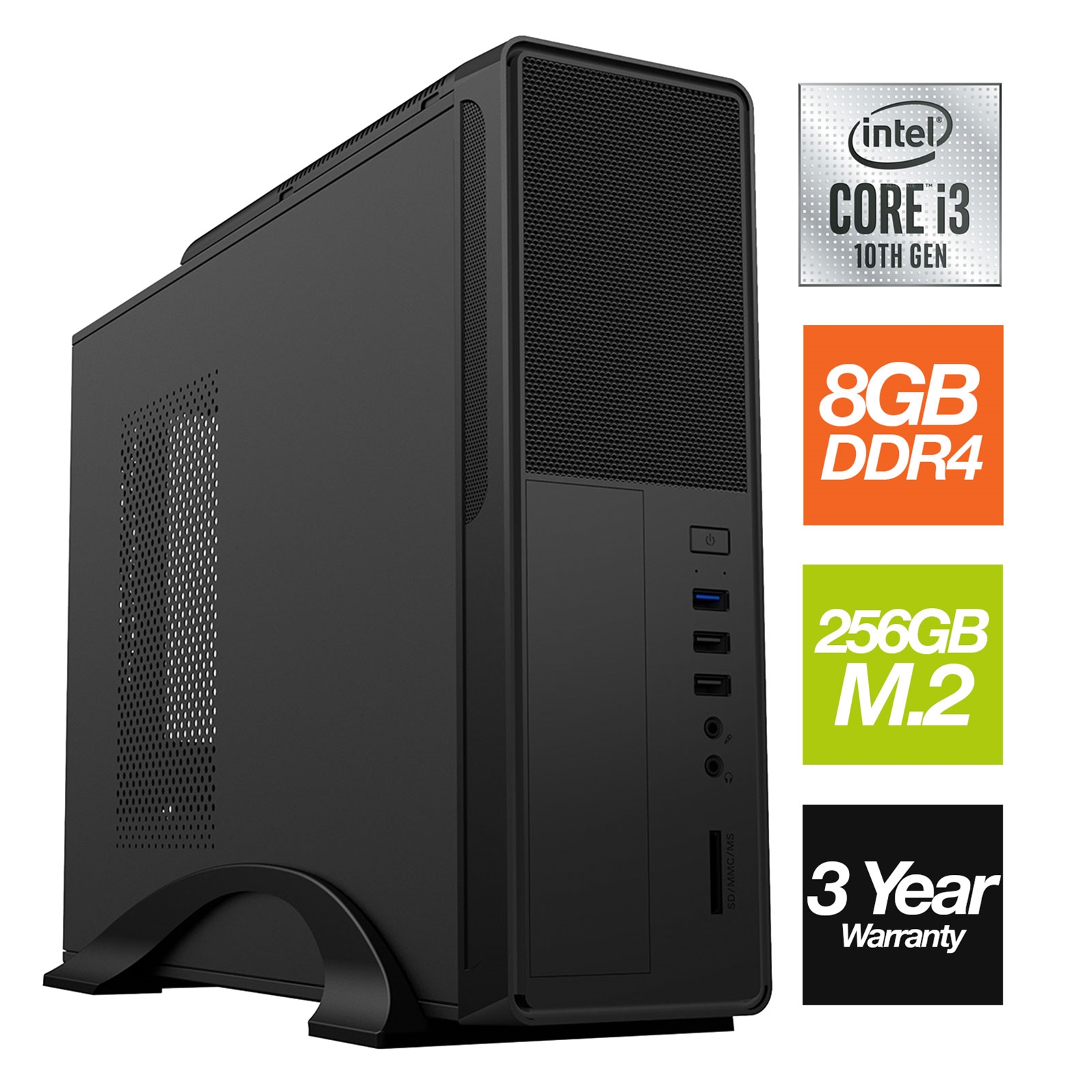 Small Form Factor - Intel i3 10100 Quad Core 8 Thread 3.60GHz (4.30GHz Boost), 8GB RAM, 256GB NVMe M.2, Win 10 Pro Installed - No Optical, Small Foot Print for Home or Office Use - Pre-Built PC