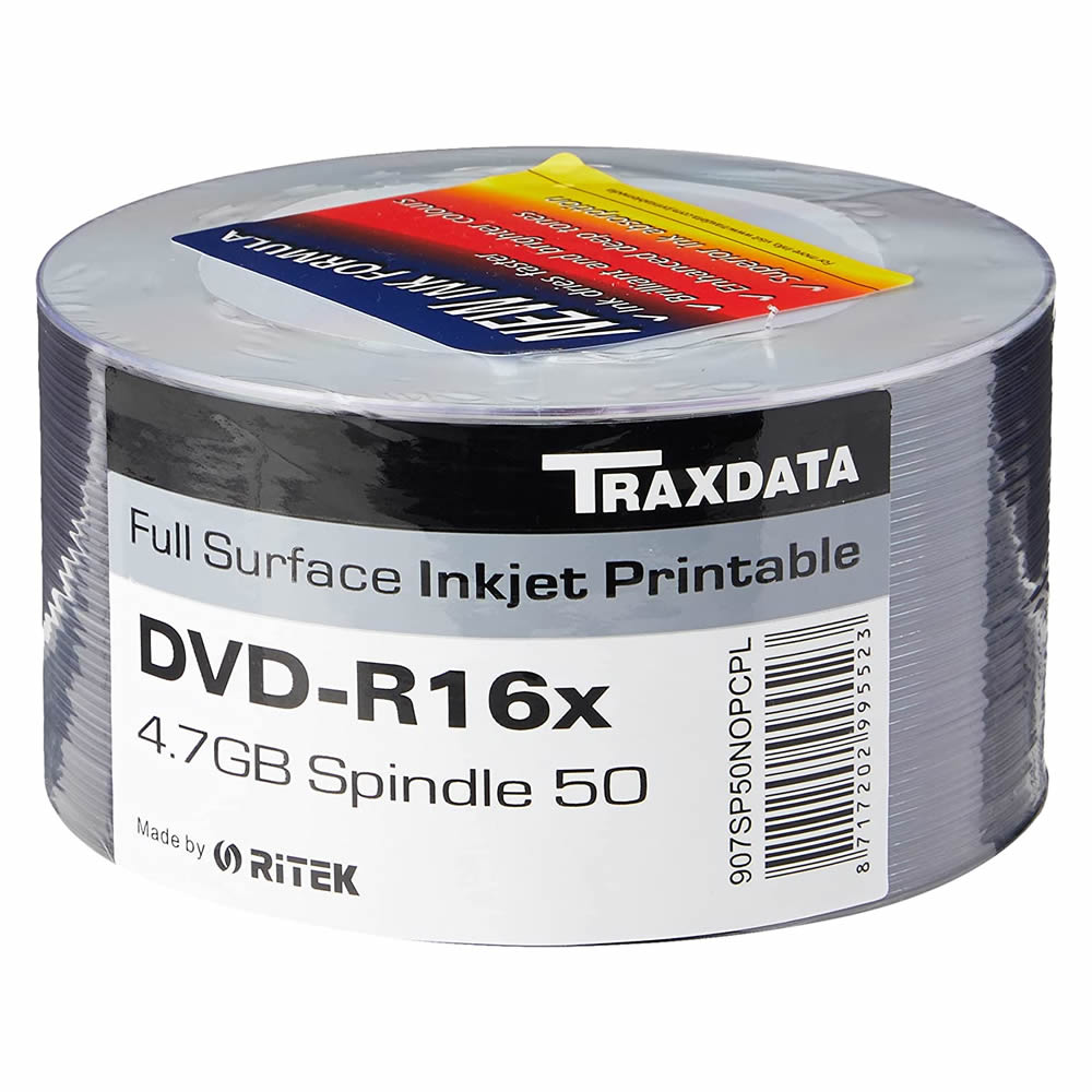 Traxdata 16x Speed Inkjet Printable DVD-R Blank DVDs - Spindle 50 Pack