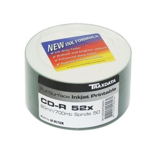 Traxdata 50 Pack Full Face Printable CD-R 52x 700MB 80min Blank CD ...