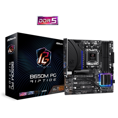 ASRock B650M PG RIPTIDE Motherboard, AMD Socket AM5 Ryzen, 1x PCIe 4.0 x17, 1x PCIe 3.0 x 1, Micro ATX, USB 3.2, LAN, HDMI, DisplayPort