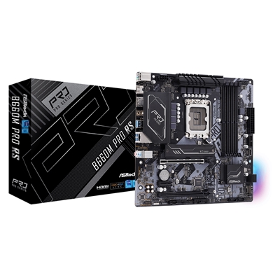 ASRock B660M PRO RS Motherboard, Intel Socket 1700, 12th Gen, DDR4, Micro ATX, 8 Phase Power Design, 1x PCIe 4.0 x16, 1x PCIe 3.0 x16, 1x PCIe Gen4 x4 M.2, 7x USB 3.2 Gen1, Intel Gigabit LAN, RGB, HDMI, DisplayPort