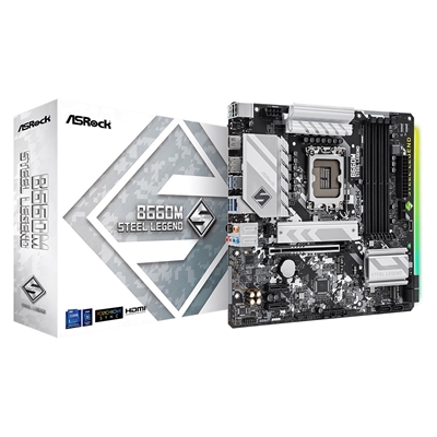 ASRock B660M STEEL LEGEND Motherboard, Intel Socket 1700, 12th Gen, DDR4, Micro ATX, 9 Phase Dr.MOS Power Design, 1x PCIe 5.0 x16, 2x PCIe 3.0 x1, 1x M.2 Key-E for WiFi, 6x USB 3.2 Gen1, Dragon 2.5G LAN, HDMI, DisplayPort