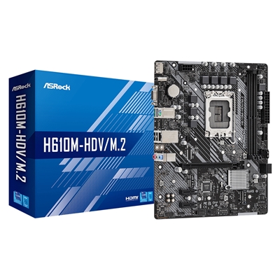 ASRock H610M-HDV/M.2 Motherboard, Intel Socket 1700, 12th Gen, DDR4, Micro ATX, 6 Phase Power Design, 1x PCIe 4.0 x16, 2x PCIe 3.0 x1, 1x PCIe Gen3 x4, 4x USB 3.2 Gen1, Intel Gigabit LAN, HDMI, DisplayPort, VGA