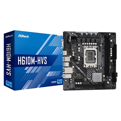 ASRock H610M-HVS Motherboard, Intel Socket 1700, 12th Gen, Micro ATX, DDR4, 5 Phase Power Design, 1x PCIe 4.0 x16, 1x PCIe 3.0, 4x SATA3, 4x USB 3.2 Gen1, 6x USB 2.0, Realtek Gigabit LAN, HDMI, VGA
