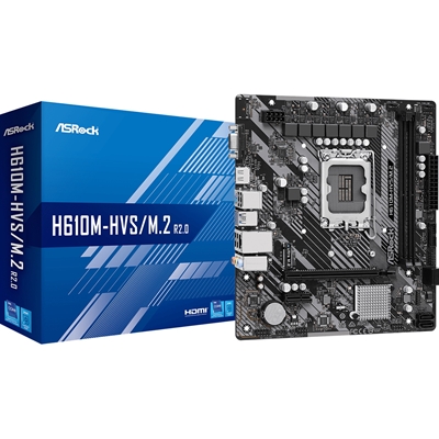 ASRock H610M-HVS/M.2 R2.0 Motherboard, Intel Socket 1700, 12th Gen, Micro ATX, DDR4, 1x PCIe 4.0 x16, 1x PCI-e 3.0 x1, 7.1 Channel Audio, Ultra M.2, USB 3.2 Gen1, Gigabit LAN, HDMI, VGA