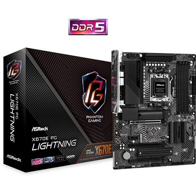 ASRock X670E PG Lightning Motherboard, AMD Socket AM5,4x DDR5 DIMMs, ATX, PCIe 5.0 x16, Blazing M.2 PCIe Gen5x4, USB 3.2 Type-C, Realtek 2.5G LAN, HDMI, DisplayPort