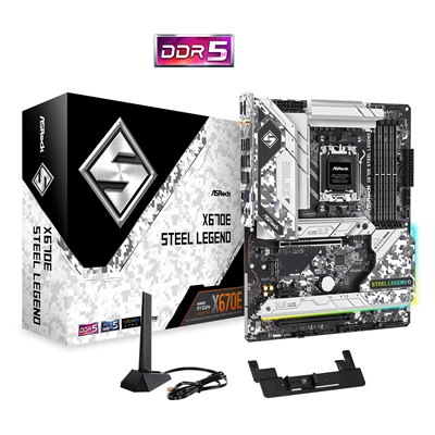 ASRock X670E Steel Legend Motherboard, AMD Socket AM5, 4x DDR5 DIMMs, ATX, PCIe 5.0 x16, Blazing M.2 PCIe Gen5x4, USB 3.2 Type-C, Realtek 2.5G LAN, 802.11ax Wi-Fi 6E, Bluetooth, HDMI, DisplayPort