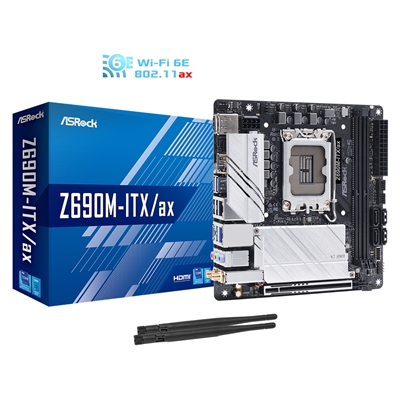 ASRock Z690M-ITX/ax Motherboard, Intel Socket 1700, 12th Gen, Mini ITX, 8 Phase Dr. MOS Design, DDR4, 1x PCIe 5.0 x16, 4x SATA3, 2x PCIe Gen4 M.2, 2x USB 3.2 Gen 2x2 Type-C, Dragon 2.5G LAN, 802.11ac WiFi 6E, Bluetooth, HDMI, DisplayPort