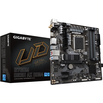 Gigabyte B760M DS3H AX DDR4 Motherboard, Intel Socket 1700, 12th/13th Gen, 1x PCIe 4.0 x16, 2 x PCIe 4.0 M.2, Micro ATX, USB Type-C, 2.5GbE LAN, Wi-Fi 6E 802.11ax, HDMI, DisplayPort, Smart Fan 6, Q-Flash Plus