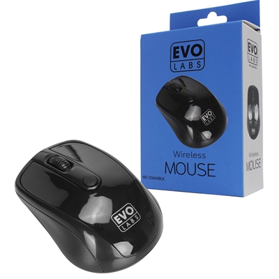 Evo Labs MO-234WBLK Wireless Mouse, 2.4GHz with USB Mini Receiver, 800 DPI Optical Tracking, Ambidextrous Design for PC / Mac / Laptop, Gloss Black