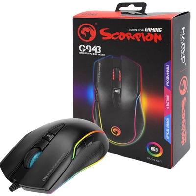 Marvo Scorpion G943 RGB Gaming Mouse, USB 2.0, Adjustable up to 5000 dpi, 6 Programmable Buttons, Pixart 3325 Optical Sensor, Only 100g Weight, Black